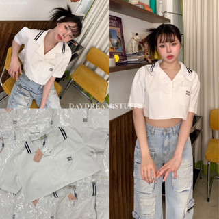 💫พร้อมส่ง💫Miumiu shirt crop • เสื้อ ครอป คอปกแต่งแถบ กระเป๋าอกใช้งานได้จริง ปักmuimui ผ้าคอตตอน ตรงตามแบบแบรนด์ by valen