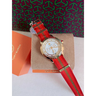 (ผ่อน0%) นาฬิกา Tory Burch TBW1036 Chronograph Crosgrain Red Multi Striped Woven Band Gold Watch ขนาดหน้าปัด 37 มม.