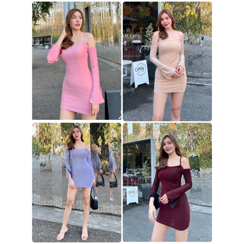 cc-minidress-มินิเดรส-สายเดี่ยว-เว้าไหล่-แขนยาว-ผ่าแขน-กลิตเตอร์-วิ้ง-ต้องมีน้า