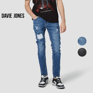 DAVIE JONES กางเกงยีนส์ ผู้ชาย ทรงสลิมฟิท สีดำ สีกรม CO0050BK MN Slim Fit Jeans in Black Navy