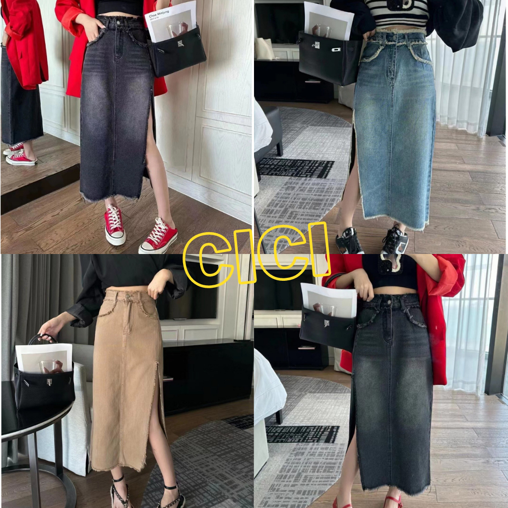 cici-no-965-denim-skirt-กระโปรงยีนส์ยาวดีเทลผ่าข้าง-แพทเทิร์นขอบรุ่ยเท่ห์ๆ-ทรงสวยแมตช์ง่ายย