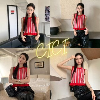 Cici(NO. M1038)เสื้อครอปแขนกุด คอกลม ผ้าไหมพรม ใส่แล้วเข้ารูป โชว์หุ่น สวยมากกกกกก