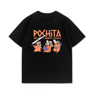 Pochita Chainsaw Man ญี่ปุ่นอะนิเมะ NARUTO ฤดูร้อนแขนสั้นเสื้อยืดผู้ชายผ้าฝ้ายหลวม