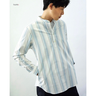 bank’s striped band collar pullover shirt long sleeve in Japanese cotton. เสื้อเชิ๊ตคอจีนแขนยาว ทรงหลวม ลายขีด