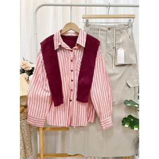 Cotton shirt ริ้วแดง แต่งปกทรงสวยมาก ผ้าดีมากค่ะ ❌ตำหนิลายผ้าซักไม่ออก อก 36 ยาว 24 Code: 1248(8)