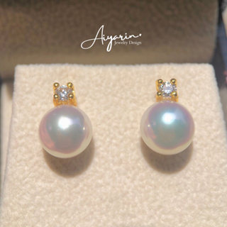 9mm Japanese Akoya Pearl Earrings ต่างหูเงินเเท้925ชุบทอง18K ฝังเพชรเเท้10ตัง น้ำ100 VS ไข่มุกอะโกย่า จากประเทศญี่ปุ่น