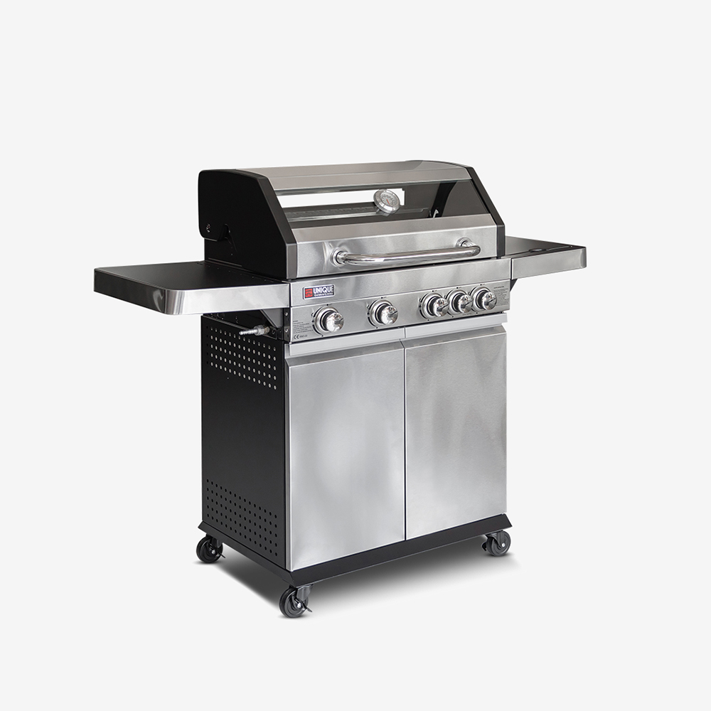 4 BURNERS GAS BBQ WITH SIDE BURNERS AND FLAT PLATE SILVER STAINLESS