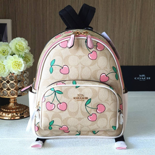 💚แท้💯 พร้อมส่ง💚เป้ COACH CF424 Mini Court Backpack In Signature Canvas With Heart Cherry Print