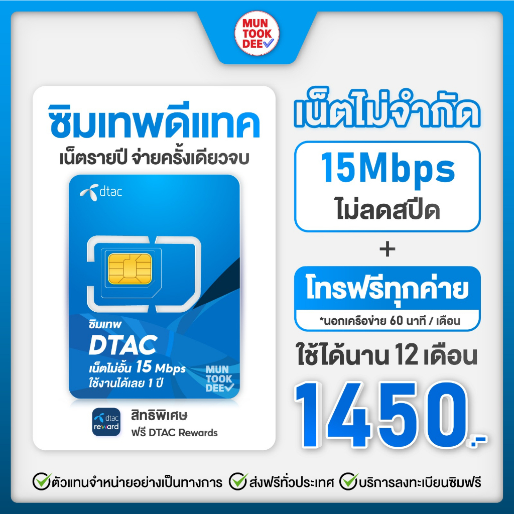 ภาพหน้าปกสินค้าซิมเทพ DTAC ซิมคงกระพัน ดีแทค เน็ตไม่ลดสปีด 15Mbps เน็ตไม่อั้น โทรฟรีทุกเครือข่าย ซิมเน็ตรายปี