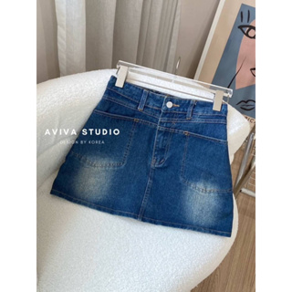 Aviva studio 💙 กางเกงกระโปรงยีนส์สีเข้ม ฟอก กระเป๋าหลังคู่