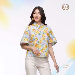 C&amp;D เสื้อผู้หญิง  Cotton Blouse เสื้อเบลาส์ คอปกเชิ้ต แขนสั้น พิมพ์ลาย Honey Botanic (CZ2PYE)
