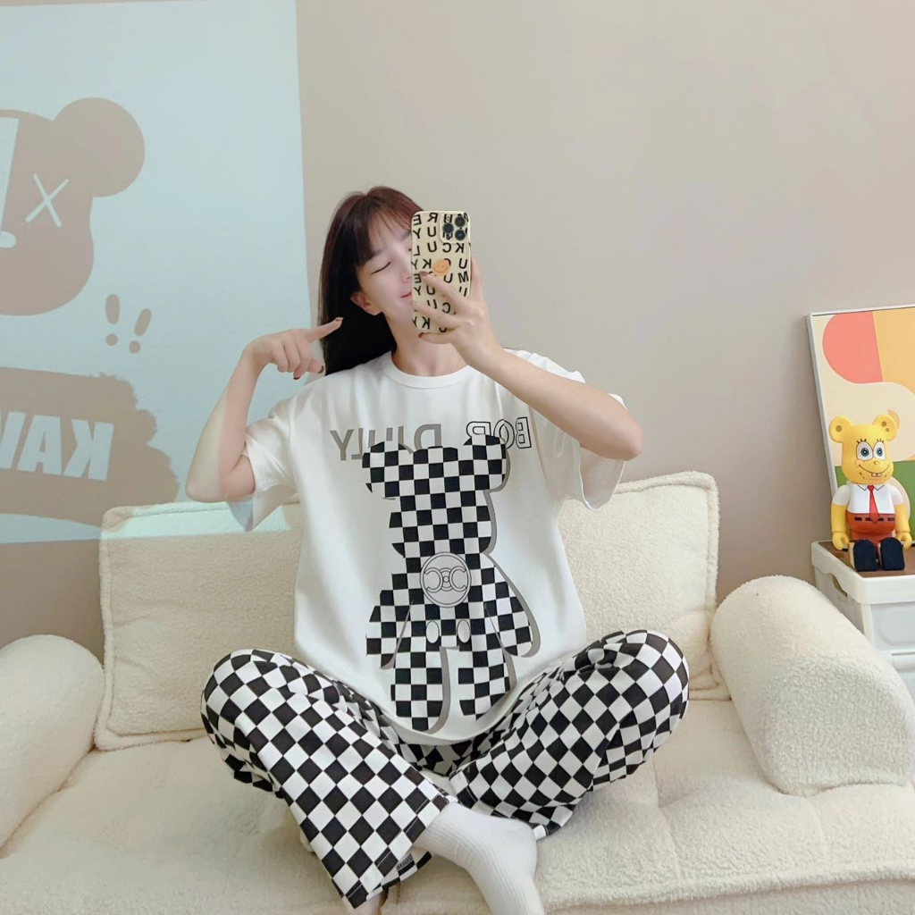 e1-พร้อมส่งที่ไทย-ชุดนอนผู้หญิง-ผ้านิ่ม-ลายกระตูน-เสื้อเเขนสั้น-ขายาว