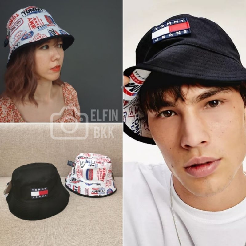 แท้-tommy-reversible-bucket-hat-หมวกบักเก็ต-หมวกปีกกว้าง-ทอมมี่-โลโก้-tommy-flag-สีดำ-สีขาว