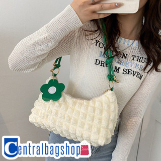 centralbagshop(C1848) กระเป๋าสะพายไหล่ผ้าย่น มีที่ห้อยดอกไม้น่ารัก สไตล์เกาหลี