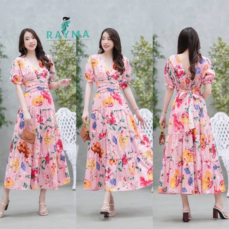 maxi-dress-เดรสยาว-ลายดอก-แขนสั้นตุ๊กตาคอวีคะ-เกาะอกก็ได้ค่ะ-ทรงกระโปรงเป็นงานตัดต่อ