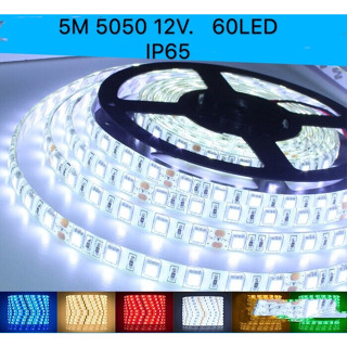 ไฟเส้นLED Strip 12v 5050 60 เม็ด / เมตร 5 M แบบกันฝ มีกาว3M IP65 ไฟตกแต่งไฟติดบ้าน ขาว น้ำเงิน แดง วอมไวท์