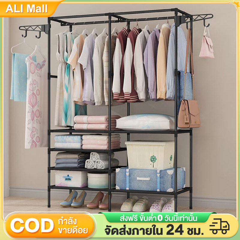 พร้อมส่ง-ราวแขวนเสื้อ-ราวเเขวนเสื้อผ้า-พร้อมชั้นวางของ-และตะขอแขวนหมุนได้-ราวเหล็ก-ราวเเขวนในคอนโด-ประหยัดพื้นที่
