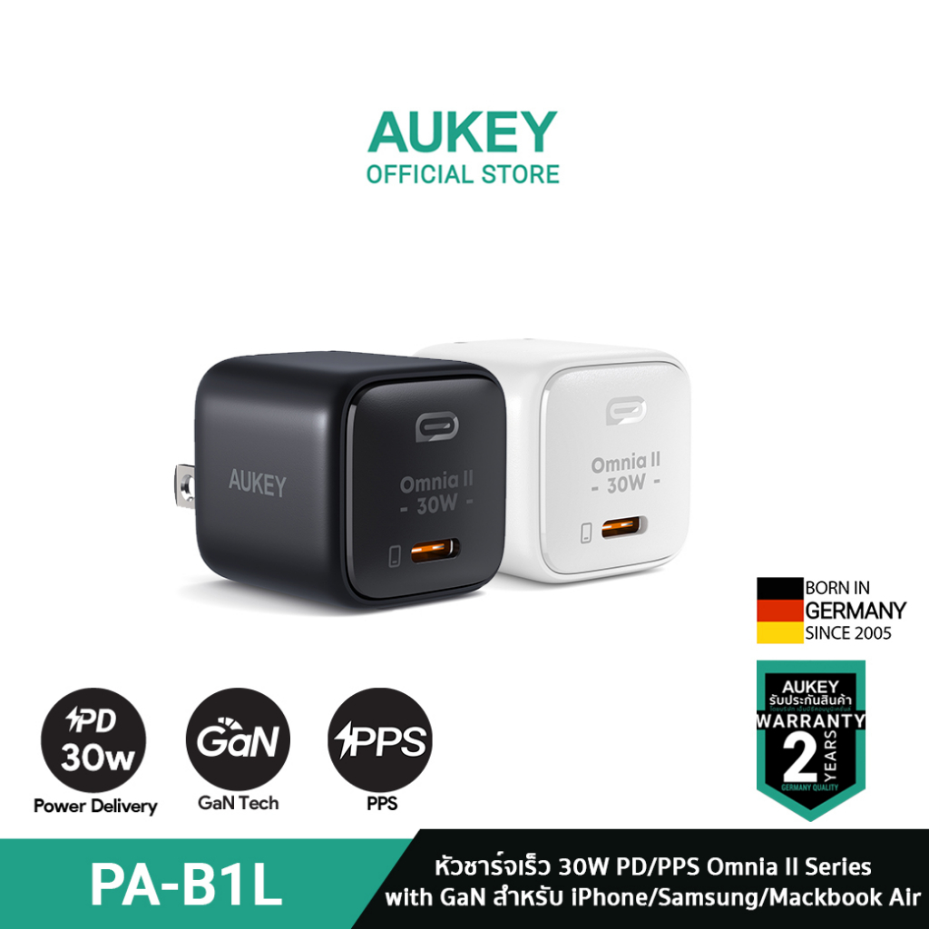 สินค้าขายดี-aukey-pa-b1l-หัวชาร์จเร็ว-30w-omnia-ii-series-with-omnia-ii-power-tech-หัวชาร์จเร็ว-iphone-15-14-13-12-series-30w-สำหรับ-iphone-และ-android-เทคโนโลยี-pps-pd-รุ่น-pa-b1l