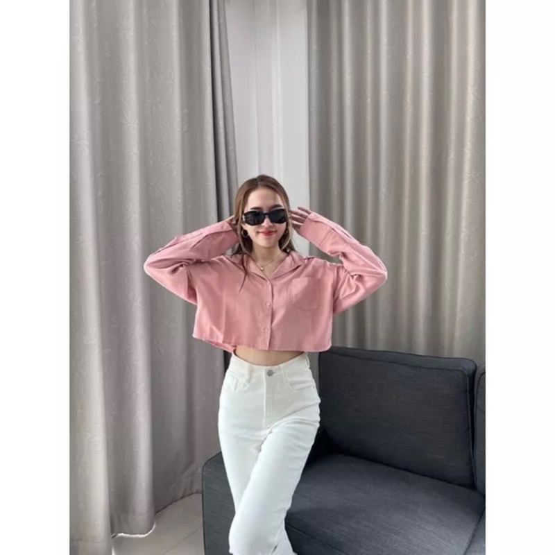 ถูกสุด-เสื้อครอปเชิ้ต-โอเวอร์ไซส์-สีชมพู-แขนยาว-ทำงาน-อก40-65นิ้ว-มีปลายทาง