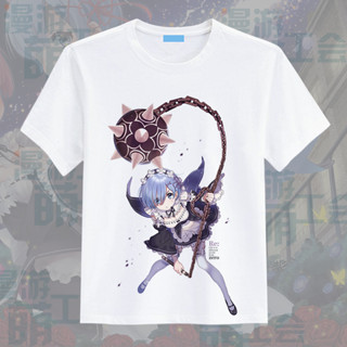 Re:zero เสื้อยืดแขนสั้นพิมพ์ลายการ์ตูน Rem ผ้าฝ้ายแท้แขนสั้นสไตล์น่ารัก ลายสกรีนคมชัด Unisex