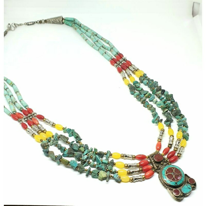 สร้อยคอหินเทอร์ควอยส์-หินปะการัง-หินอำพัน-สร้อยคอทิเบต-nepal-tibetan-turquoise-coral-amber-beads-gemstone-necklace