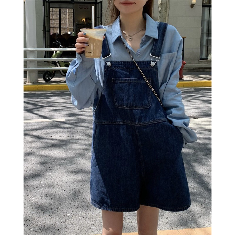 manyjeans-shorts-overalls-เอี๊ยมกางเกงยีนส์ขาสั้นสียีนส์เข้ม-พร้อมส่งในไทย