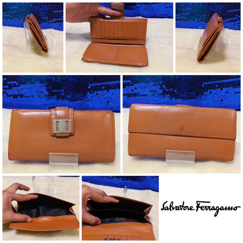 salvatore-ferragamo-brown-leather-long-wallet-แท้