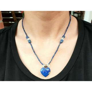 สร้อยคอ หินลาพิสลาซูลี่ จี้หัวใจ หินแท้ธรรมชาติ Natural Lapis Lazuli Heart Pendant Tube Beads Necklace Handmade Gemstone