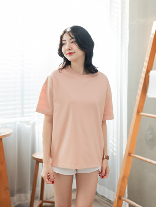 โอเวอร์ไซส์ เสื้อยืดคอกลมสีพีช Oversize คอตต้อน 100% สวมใส่สบาย อยู่ทรง ไม่ร้อน