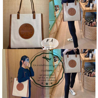 F.A ว่าแท้100% Tory Burch ELLA CANVAS TOTE กระเป๋าช้อปปิ้งสะพายไหล่สตรีลายโลโก้ Double T ใส่แท็บเล็ตขนาด 13 นิ้วได้ 0012