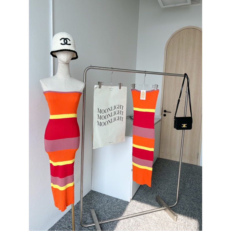 pomelo-strapless-dress-350ฟรีส่ง-เดรสเกาะอกตัวยาว-ทอสลับลาย-4-สี-สวยมากกก-งานแฟชั่นเกาะอกตัวยาวมาแรงมาก-สี-ส้ม