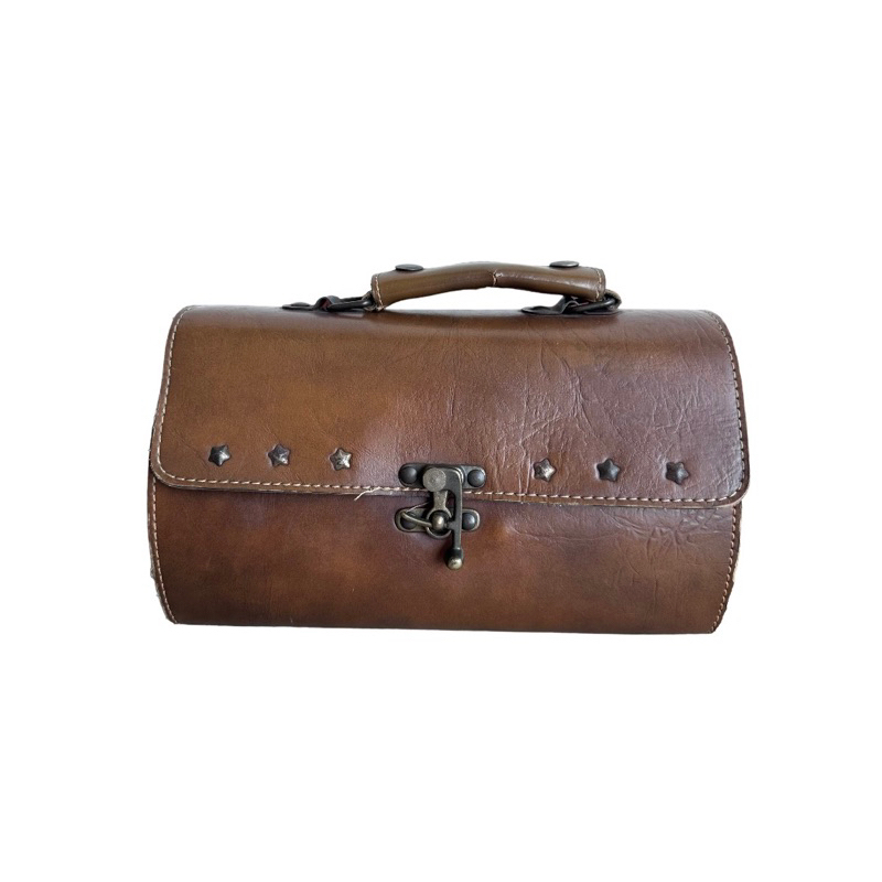 vintage-1970s-brown-leather-box-purse-antique-original-part-leather-กระเป๋าหนังวินเทจ-หายาก