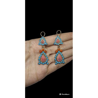ต่างหู หินเทอร์ควอยส์ และ หินปะการัง แฮนเมด Afghan Turquoise &amp; Coral Earrings Dangle Jewelry Gemstone Handmade
