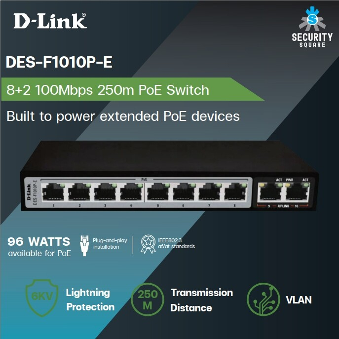 D-LINK DES-F1010P-E เป็น PoE Switch มีพอร์ต PoE 8 ช่อง ความเร็ว 10/100 ...