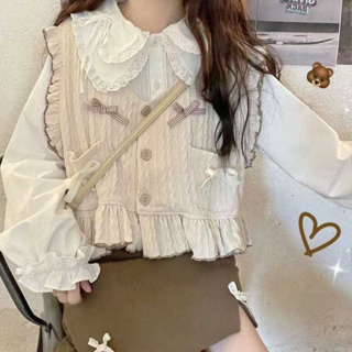 Lolita เสื้อเชิ้ตด้านในฤดูใบไม้ร่วงสไตล์ญี่ปุ่นนุ่มสาวน่ารักลูกไม้คอตุ๊กตาลูกไม้เสื้อแขนยาวใส่ด้านในSL6162