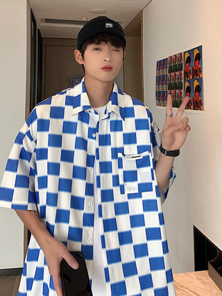 พร้อมส่ง😁CTA190😁เสื้อเชิ้ตลายสก๊อตคอปกแขนสั้นผู้ชาย oversize เสื้อแฟชั่นสไตล์เกาหลีย้อนยุค