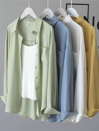 🌺PBBKW01🌺เสื้อเชิ้ตคอปกแขนยาวผู้หญิงสีทึบเรียบง่าย oversize เสื้อแฟชั่นเกาหลีย้อนยุค เนื้อผ้านุ่มบางเบา ใส่สบาย
