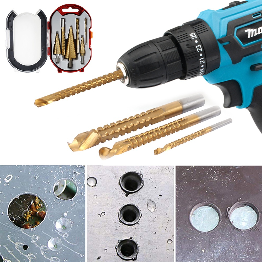 ดอกสเต็ป-ทรงเจดีย์-เจาะขยาย-คว้านรู-ขนาด-4-32-มม-step-drill-titanium-size-4-32mm-3-pcs-set-6-pcs-set