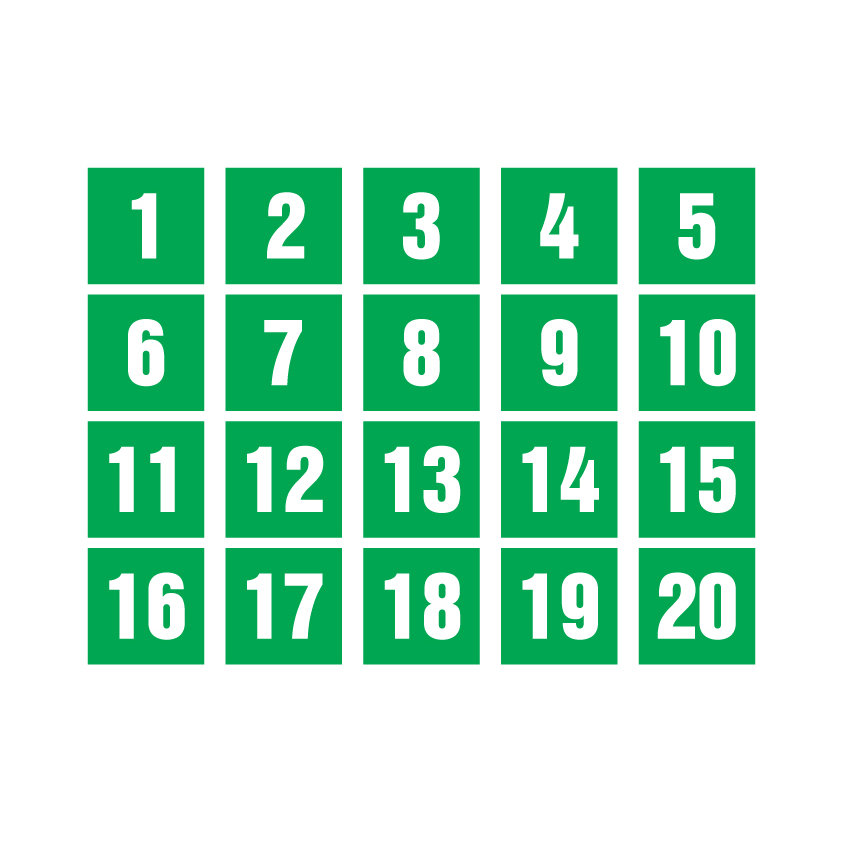 sticker-สติกเกอร์-ติดประตู-ผนัง-กำแพง-สี่เหลี่ยม-ป้ายตัวเลข-1-20-พื้นเขียวเลขขาว-1-a4-ได้รับ-20-ดวง-รหัส-g-034
