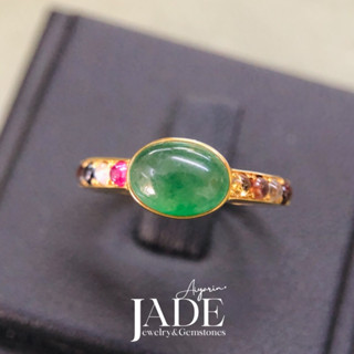 AYRD | เเหวนเงินเเท้925ชุบทอง24k หยกพม่า Jadeite Type A ฝังบ่าข้างพลอยเเท้นพเก้า2มิล