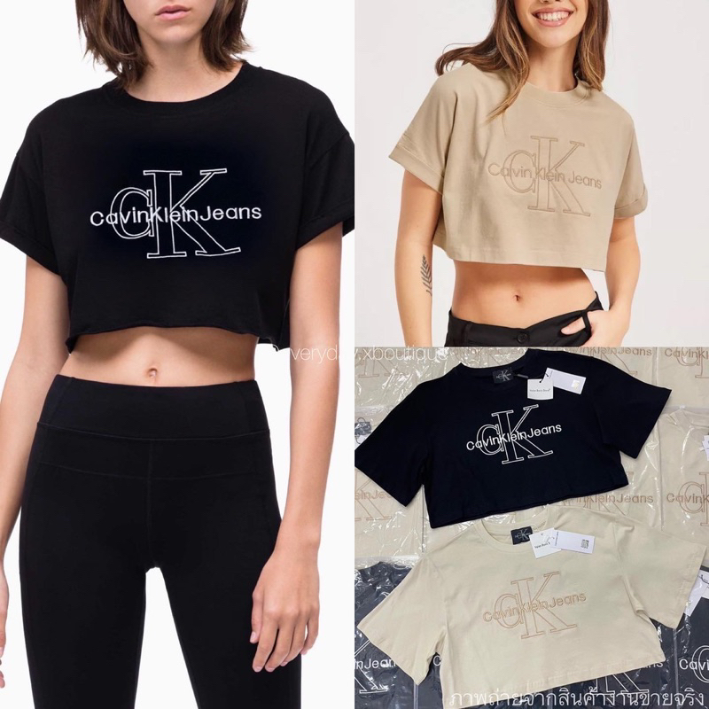 calvin-k-crop-top-330ฟรีส่ง-เสื้อยืดแขนสั้นทรงครอป-โลโก้เป็นงานปักแบรนด์ดัง-งานสวย-ใส่ยังไงก็ไม่มีโป๊ะ-ลายfont-valen