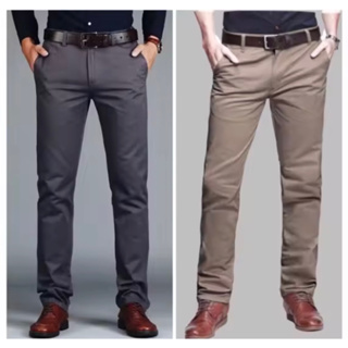 กางเกงสแล็คขายาวผ้ายืด สีกากี-สีเทาเข้ม (เอว28-52) ผ้าดีมากใส่สบายเป้าไม่แตกง่าย