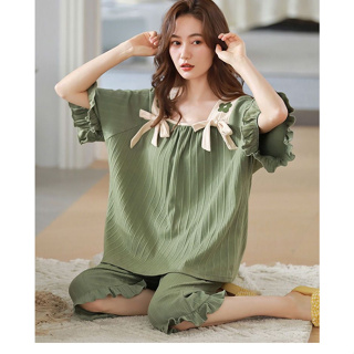 เวอร์ชั่นเกาหลีของชุดนอนสตรีฤดูร้อนผ้าฝ้ายแขนสั้นกางเกงครอปบางลำลองหวานขนาดบวก