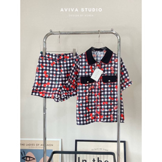 Aviva studio 🖤🍒 set เชิ้ตขาสั้น ลายตารางดำเชอรี่