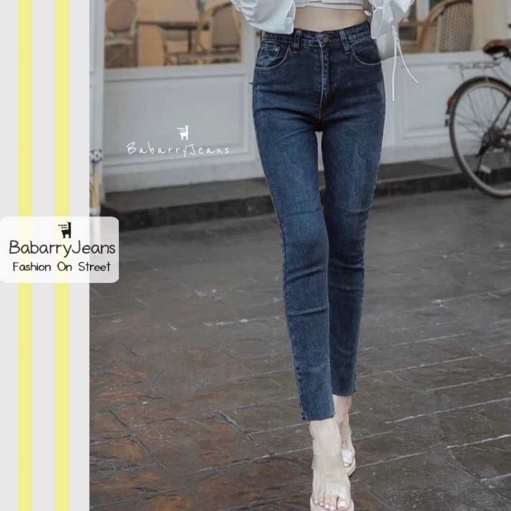 babarryjeans-กางเกงยีนส์ผู้หญิง-เอวสูง-ขาเดพ-ผ้ายืด-skinny-สีดำฟอก