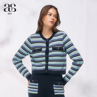 [asv pf23] Leyla Stripe Knitted Cardigan เสื้อคาร์ดิแกนผู้หญิง ทรงครอป แขนยาว คอกลม แต่งกระเป๋าหน้า ผ้านิตทอลายทาง