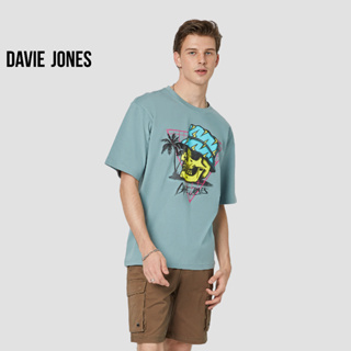 DAVIE JONES เสื้อยืดโอเวอร์ไซซ์ พิมพ์ลาย สีเขียว สีขาว Graphic Print Oversized T-Shirt in green white WA0155SL WH