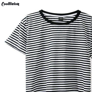 #Coollision 0.5cmดำ เสื้อยืดแขนสั้นลายทางขาวดำ เสื้อลายทางริ้วเล็ก (S041)unisex