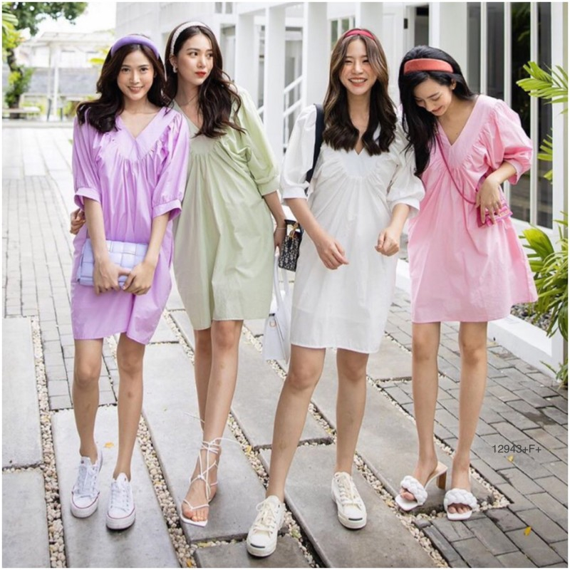 tw12943-เดรสคอวี-ผ้าcotton-คอตตอนเนื้อหนา