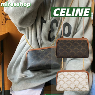 🍒เซลีน Celine กระเป๋าคลัตช์พร้อมสายสะพาย ผลิตจากผ้าแคนวาสลายทรียงฟ์และหนังแกะ/CLUTCH CHAIN BAG